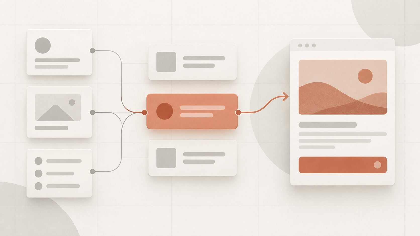 Interface conceitual com blocos neutros organizados em uma hierarquia visual e um único caminho de ação destacado.