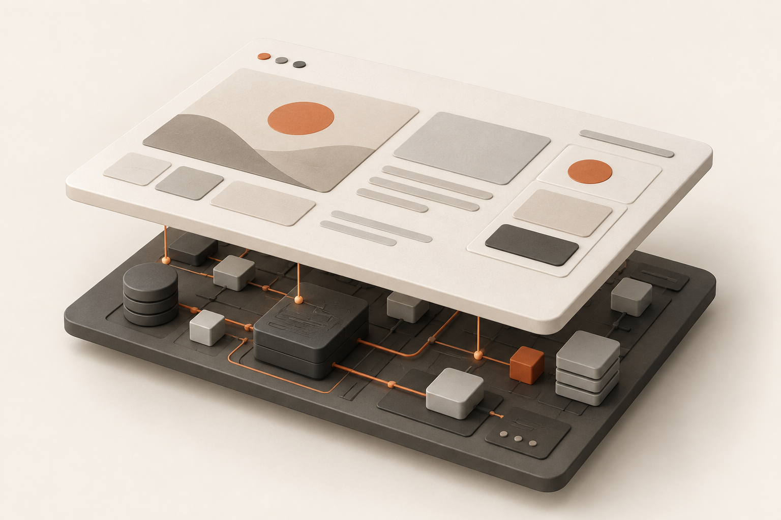 Camadas abstratas representam a transformação de uma interface desenhada em um produto digital funcional.