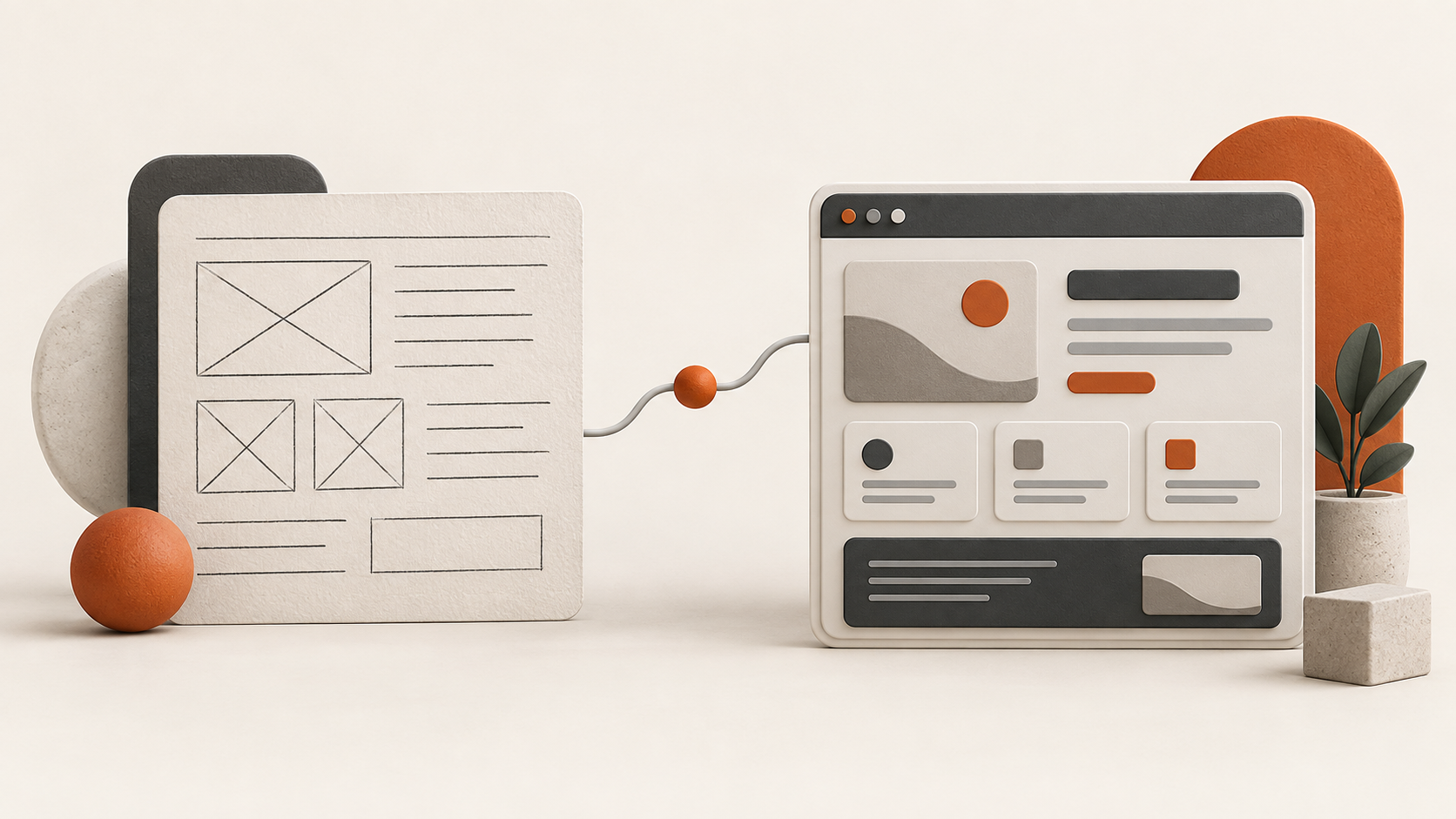 Dois painéis conceituais conectam um esboço de interface a uma experiência digital estruturada.