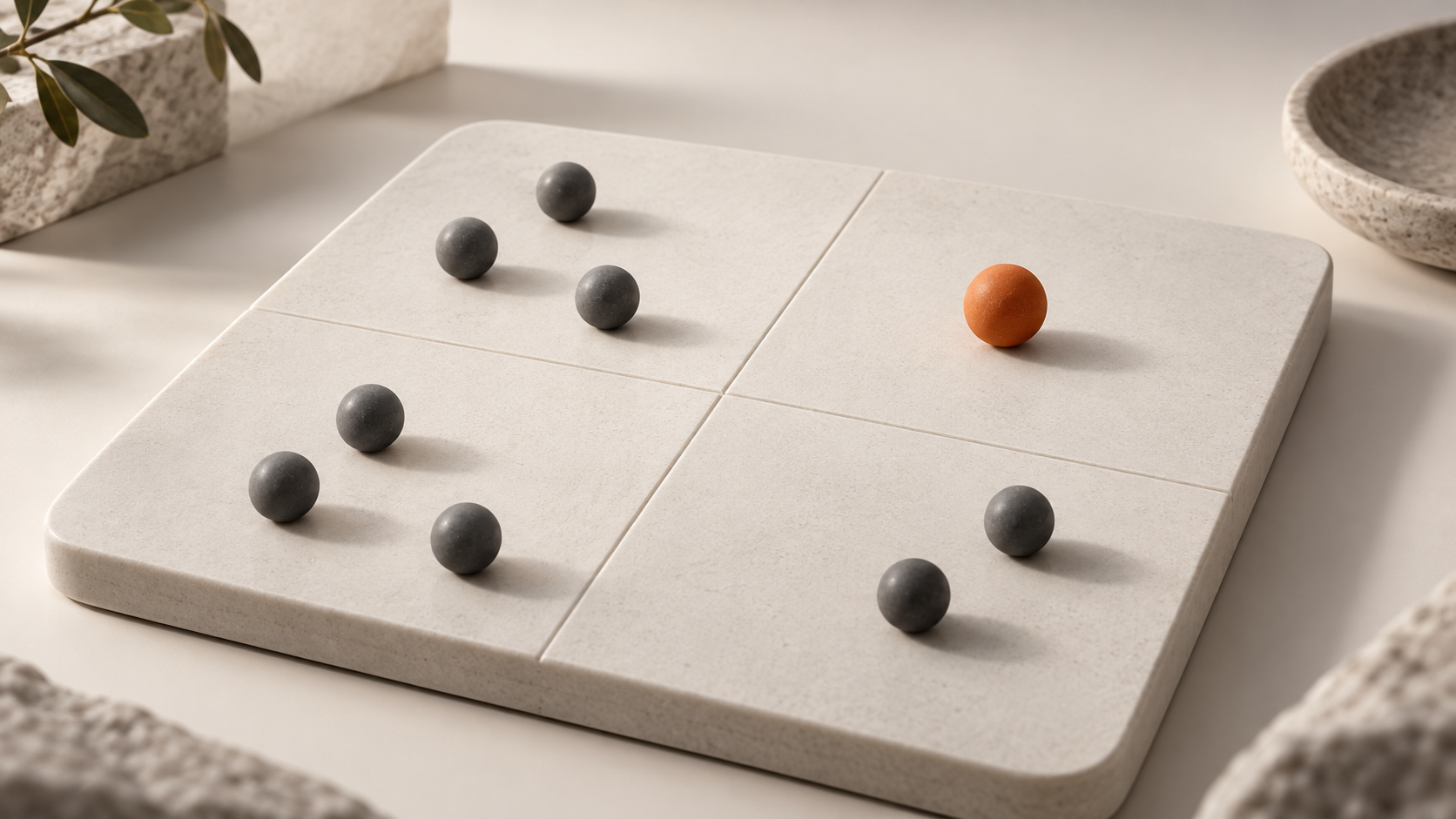 Matriz conceitual com pontos neutros e um ponto terracota destacado, representando a priorização de uma melhoria de produto.