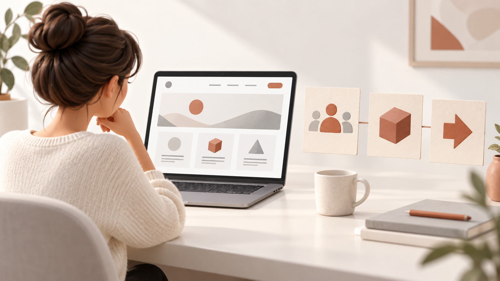 Pessoa revisa uma página abstrata no notebook ao lado de elementos visuais que simbolizam oferta, público e próxima ação.