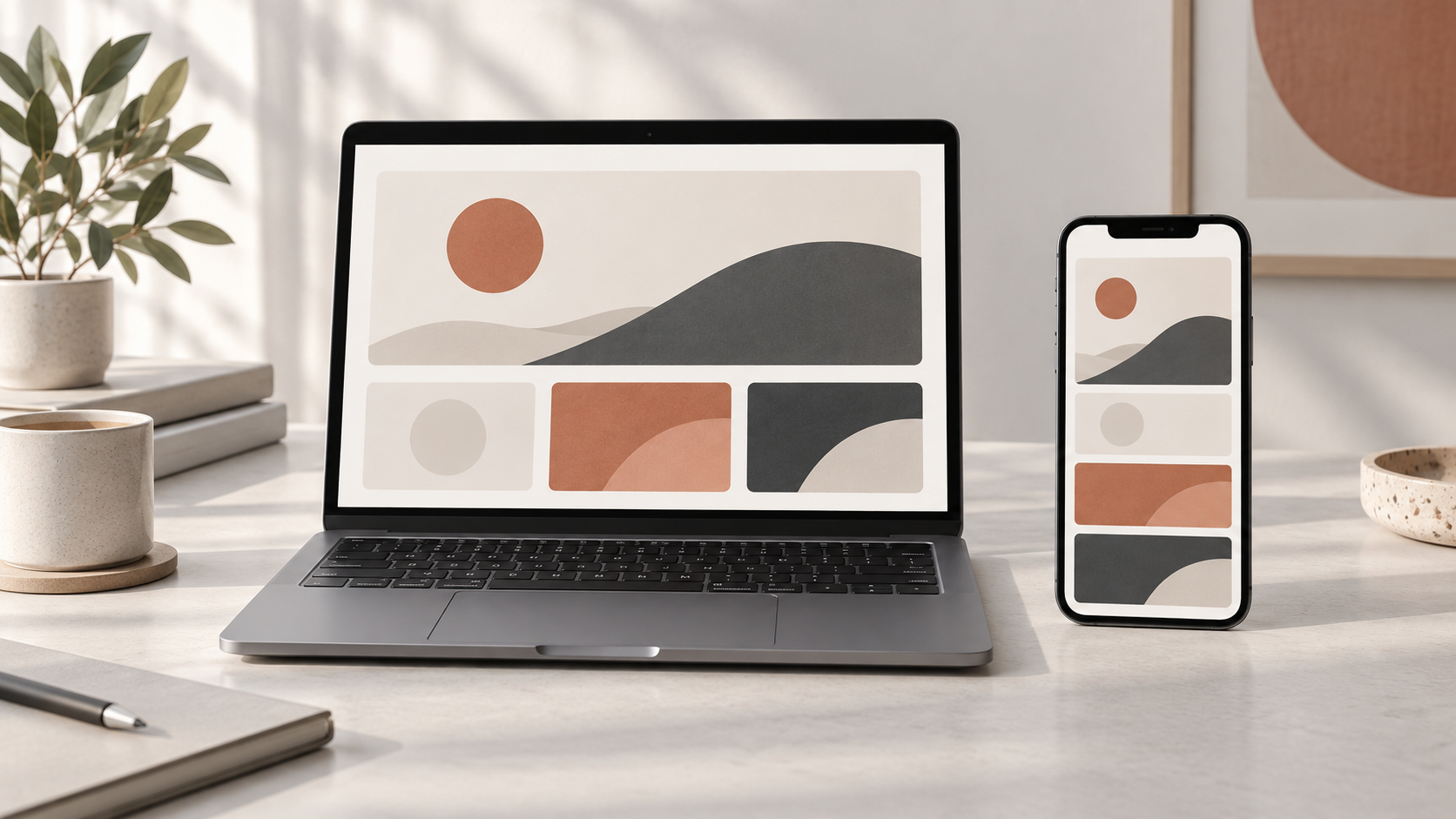 Notebook e celular mostram a mesma hierarquia visual reorganizada para proporções diferentes, sem reproduzir uma interface real de cliente.