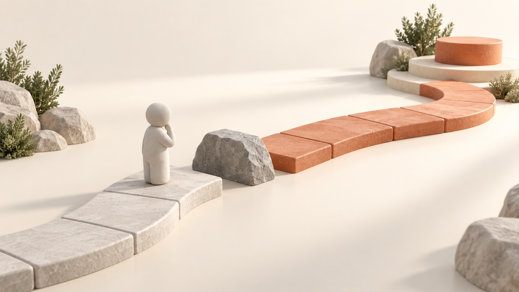 Uma rota visual contorna um obstáculo e continua por um caminho terracota, representando falha com possibilidade de recuperação.