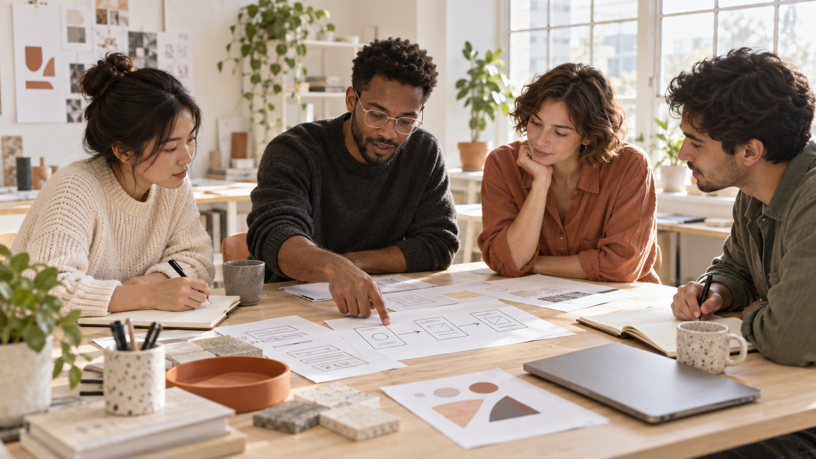 Equipe multidisciplinar analisa observações e esboços de interface em uma mesa iluminada.