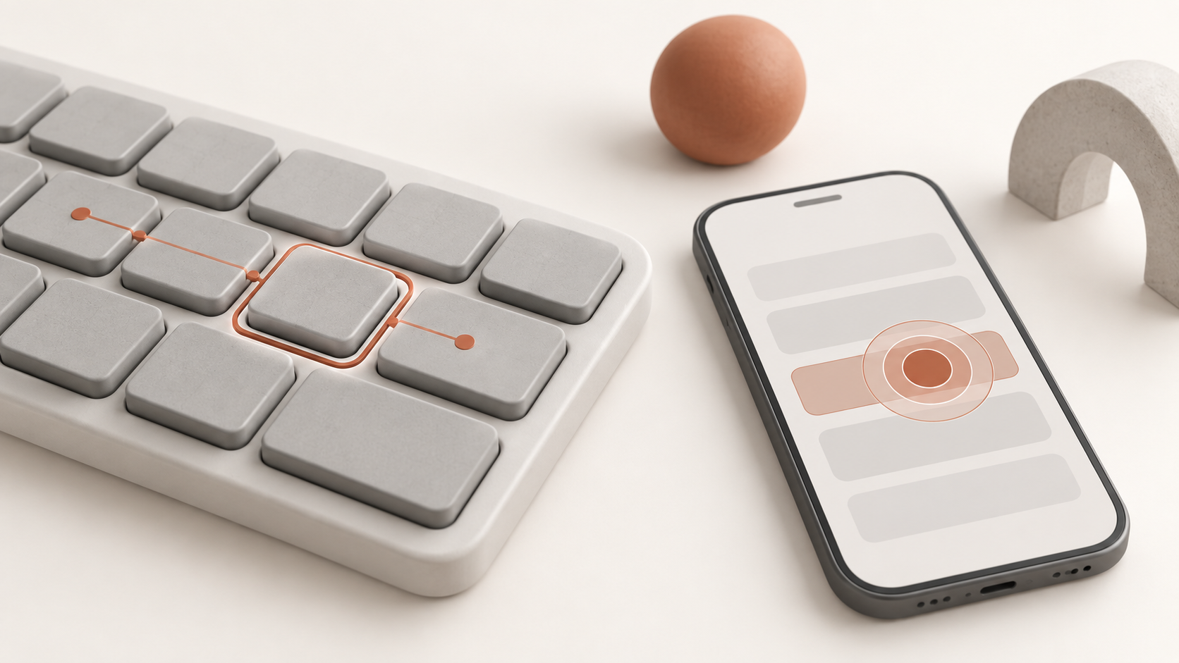 Teclado e celular exibem exemplos abstratos de caminho de foco e alvo de toque destacados em terracota.