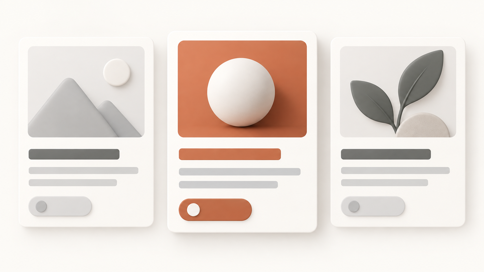 Cartões conceituais mostram diferentes hierarquias e contrastes de interface sobre um fundo claro.