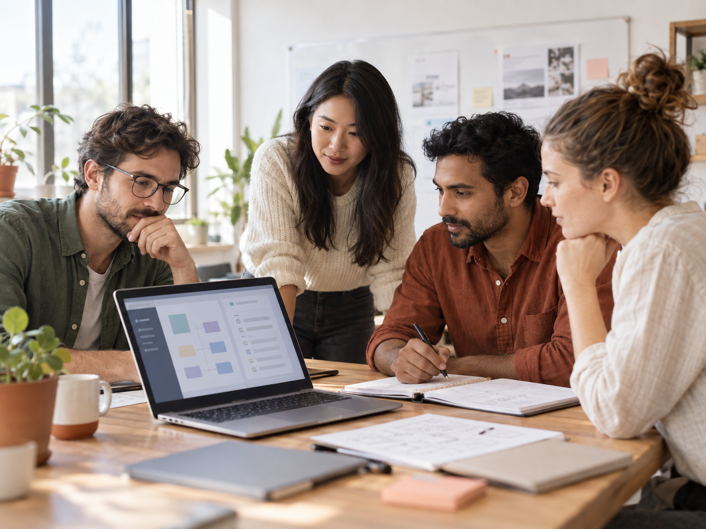 Equipe de produto avalia cenários diversos de uma funcionalidade digital em ambiente de trabalho claro.